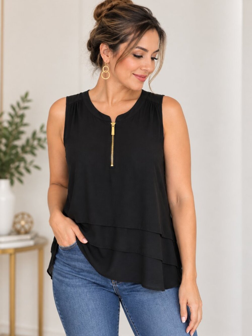MK Sleeveless Casual Blouse | Gold Zipper Detail